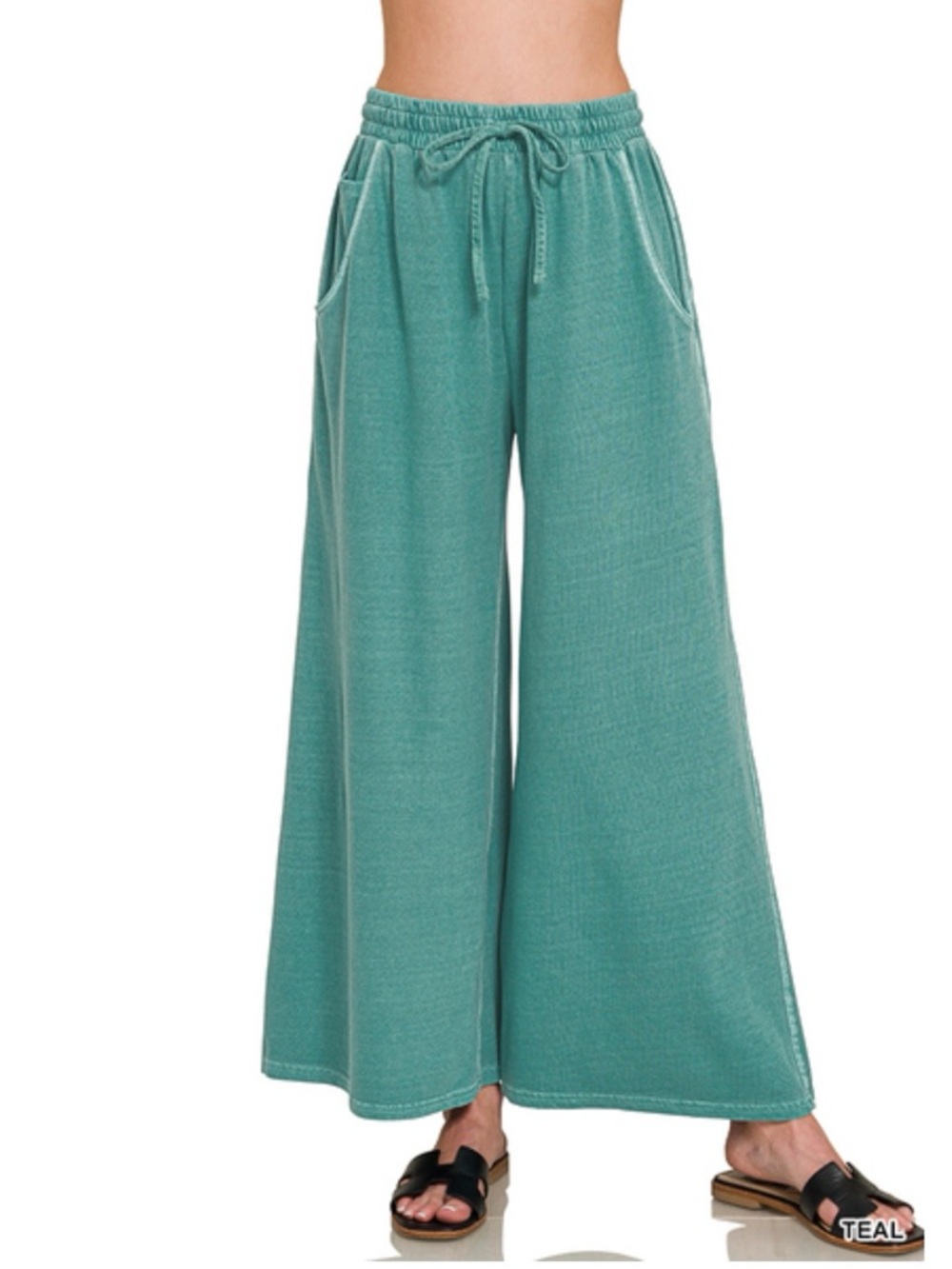 Zenana Teal Cotton Washed French Terry Wide Leg Pants S M L - Picture 2 of 5